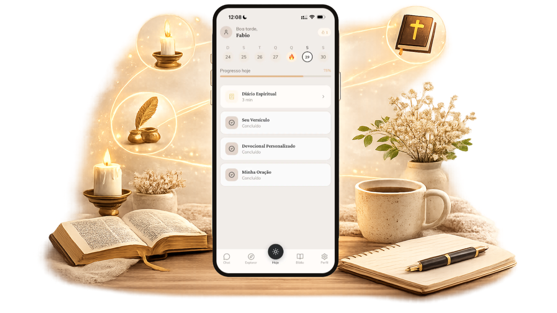 App devocional com Bíblia, vela e xícara de café
